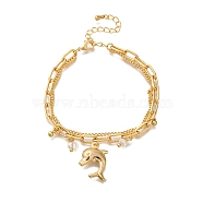 Dolphin Brass Charm Bracelets, with Glass Beads, Real 18K Gold Plated, 6-7/8 inch(17.5cm)(BJEW-L696-010G)