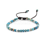 Dyed Natural Imperial Jasper Round Braided Bead Bracelet, Cyan, (QW4331-4)