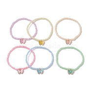 6Pcs 6 Colors ButterflyAlloy Enamel Charm Bracelets, Glass Seed Beaded Stackable Stretch Bracelets for Women, Mixed Color, Inner Diameter: 2-1/8 inch(5.5cm), 3mm, about 1pc/color(BJEW-JB10283)