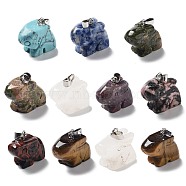 Natural & Synthetic Mixed Gemstone Pendants, Rabbit Charms with Platinum Plated Metal Snap on Bails, Mixed Dyed and Undyed, 19~19.5x20~21x10mm, Hole: 3x5.5mm(G-B068-09P)