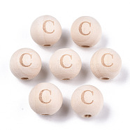 Unfinished Natural Wood European Beads, Large Hole Beads, Laser Engraved Pattern, Round with Word, Letter.C, 15~16x14~15mm, Hole: 4mm(WOOD-S045-143A-01C)