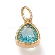 Vacuum Plating 304 Stainless Steel Cubic Zirconia Pendant, Triangle, Golden, Dark Turquoise, 12.5x9.5x5mm, Hole: 5mm(ZIRC-P080-A03)