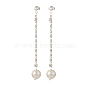 Brass Rhinstone Strass Chains Dangle Stud Earrings, with Round Shell Pearl Beads, 304 Stainless Steel Jewelry for Women, Platinum, 80mm, Pin: 0.8mm(EJEW-TA00195)
