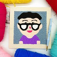 Boy with Glasses Punch Embroidery Supplies Kit, including Instruction, Embroidery Fabric with Solid Wood Frame, Plastic Needle and 6 Colors Threads, Mixed Color, 16~263x1.3~263x2.5~18mm(DIY-H155-01)