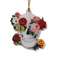 Opaque One-sided Printed Acrylic Big Pendants, for Halloween, Skull with Flower, Red, 500x2mm(MACR-D062-02A)