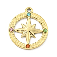 PVD Vacuum Plating 304 Stainless Steel Pendants, with Colorful Rhinestone, Ring with Star Charms, Real 18K Gold Plated, 20.5x18x2mm, Hole: 1.2x1.8mm(STAS-L278-027G)