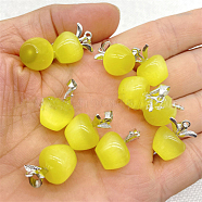 Cat Eye Pendants, with Silver Tone Alloy Findings, Apple Charm, Yellow, 20x14mm(FIND-SZC0010-521)