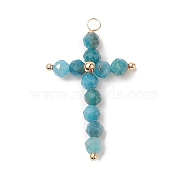 Natural Apatite Faceted Round Copper Wire Wrapped Pendants, Cross Charms, Light Gold, 38x23x5mm, Hole: 2.5mm(PALLOY-JF02011-06)