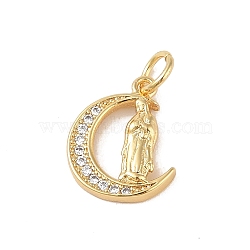 Brass Micro Pave Clear Cubic Zirconia Charms, with Jump Ring, Real 18K Gold Plated, Moon, 14x11.5x2.5mm, Hole: 3mm(KK-E111-32D-G)