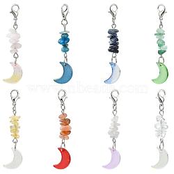 8Pcs Natural Gemstone Chips & Glass Moon Pendant Decorations, with Alloy Lobster Claw Clasps, 56mm(HJEW-JM03989)