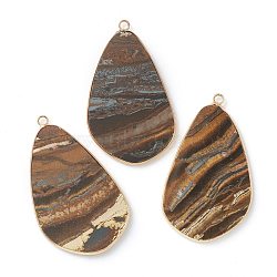 Natural Tiger Eye Pendants, with Golden Brass Edge, Teardrop, 45x26.5x2mm, Hole: 2mm(G-B009-08G-F)