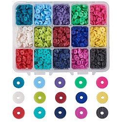 Eco-Friendly Handmade Polymer Clay Beads, Disc/Flat Round, Heishi Beads, Mixed Color, 6x1mm, Hole: 2mm, 15colors, about 180~200pcs/color, 2700~3000pcs/box(DIY-X0293-74A)