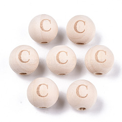 Unfinished Natural Wood European Beads, Large Hole Beads, Laser Engraved Pattern, Round with Word, Letter.C, 15~16x14~15mm, Hole: 4mm(WOOD-S045-143A-01C)