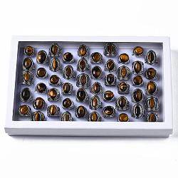 Natural Tiger Eye Rings, with Alloy Findings, Mixed Size, Mixed Shape, Antique Silver, 17~20mm, 50pcs/box(G-S242-10-B)