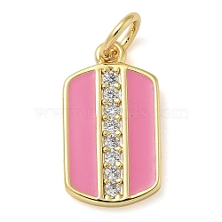 Rack Plating Brass Micro Pave Cubic Zirconia Pendants, with Enamel, Long-Lasting Plated, Lead Free & Cadmium Free, Rectangle Charms, with Jump Ring, Pink, 15x8.5x1.5mm, Hole: 3mm(KK-K392-03G-02)