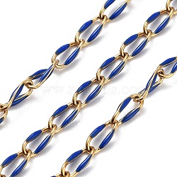 304 Stainless Steel Handmade Beaded Chain, with Enamel, with Spool, Soldered, Real 18K Gold Plated, Oval, Royal Blue, 9x4x1mm, about 16.40 Feet(5m)/Roll(CHS-K019-02G-01)