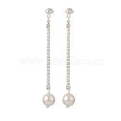 Brass Rhinestone Strass Chains Dangle Stud Earrings, with Round Shell Pearl Beads, 304 Stainless Steel Jewelry for Women, Platinum, 80mm, Pin: 0.8mm(EJEW-TA00195)