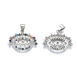 Brass Micro Pave Colorful Cubic Zirconia Pendants, with Snap on Bails, for Mother's Day, Cadmium Free & Nickel Free & Lead Free, Eye with Word Mom, Real Platinum Plated, 17x23x2.5mm, Hole: 5x3mm(KK-S061-82P-NR)