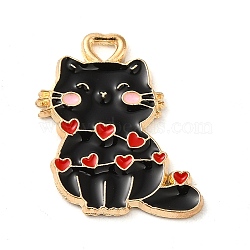 Alloy Enamel Pendants, Cat with Heart Charm, Golden, Black, 20x17x1.2mm, Hole: 2x1.8mm(ENAM-Q507-13B)