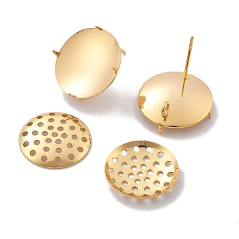 Brass Studs Earring Findings, Sieve Ring Settings, Flat Round, Real 18K Gold Plated, 16.5mm, Hole: 2mm, Pin: 0.5mm