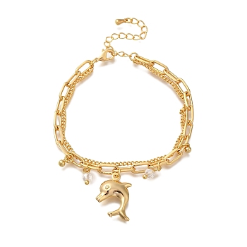 Dolphin Brass Charm Bracelets, with Glass Beads, Real 18K Gold Plated, 6-7/8 inch(17.5cm)