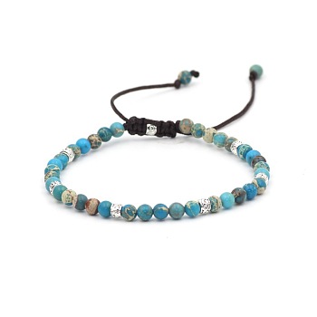 Dyed Natural Imperial Jasper Round Braided Bead Bracelet, Cyan, 