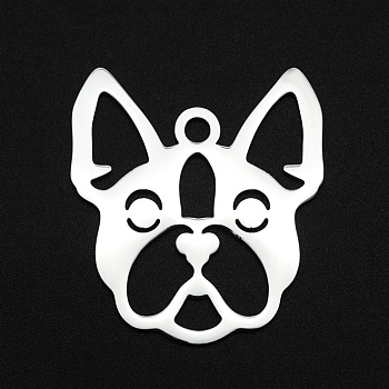 304 Stainless Steel Pendants, Laser Cut, Dog Head, Stainless Steel Color, 32x28.5x1mm, Hole: 3mm