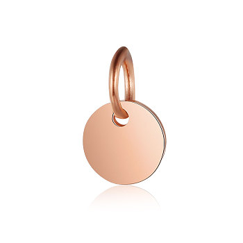 Ion Plating(IP) 304 Stainless Steel Pendants, with Jump Ring, Manual Polishing, Flat Round Charm, Stamping Blank Tag, Rose Gold, 8x1mm, Hole: 3.5mm