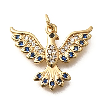 Brass Micro Pave Cubic Zirconia Pendants, Real 18K Gold Plated Charms, with Jump Ring, Phenix, 19x23x2.5mm, Hole: 3mm