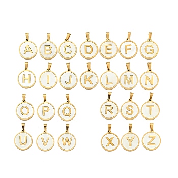 Vacuum Plating 304 Stainless Steel with White Shell Pendants, Golden, Flat Round with Letter Charm, Letter A~Z, 18x16x1.5mm, Hole: 3x6mm