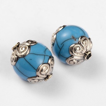 Tibetan Style Round Beads, with Synthetic Turquoise and Antique Silver Brass Findings, Deep Sky Blue, 18x15mm, Hole: 2mm