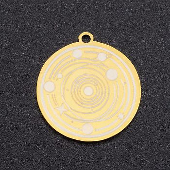 201 Stainless Steel Pendants, Laser Cut, Flat Round with Planet, Golden, 19.5x18x1mm, Hole: 1.4mm