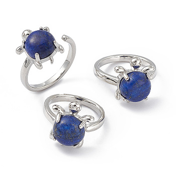 Natural Lapis Lazuli Turtle Open Cuff Ring, Platinum Brass Jewelry for Women, Inner Diameter: 16.2mm