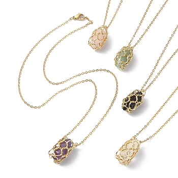 Mixed Natural Gemstone Bullet Pendant Necklaces, Oval Stainless Steel Macrame Pouch Pendant Necklace, Cable Chain Necklace, 17-3/4 inch(45.2cm)