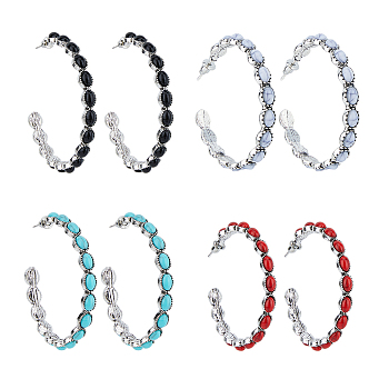 4 Pairs 4 Colors Alloy Ring Stud Earrings, Half Hoop Earrings with Synthetic Turquoise Beaded, Mixed Color, 50x45mm, 1 Pair/color