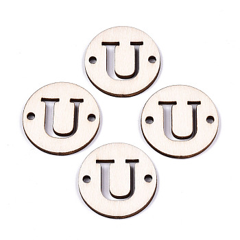 Unfinished Natural Poplar Wood Links Connectors, Laser Cut, Flat Round with Word, Letter.U, 29.5x2.5mm, Hole: 2.5mm