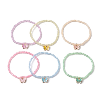 6Pcs 6 Colors ButterflyAlloy Enamel Charm Bracelets, Glass Seed Beaded Stackable Stretch Bracelets for Women, Mixed Color, Inner Diameter: 2-1/8 inch(5.5cm), 3mm, about 1pc/color