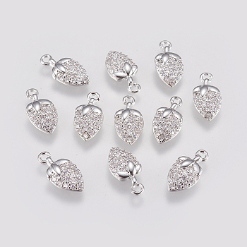 Brass Micro Pave Cubic Zirconia Charms, Strawberry, Real Platinum Plated, 12x6x2mm, Hole: 1mm