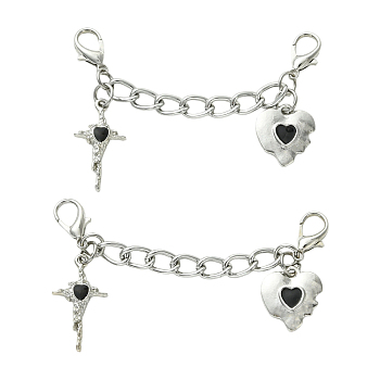 Aluminium Curb Chains & Alloy Enamel Pendants Boot Strap Chains, with Lobster Claw Clasps, Cross & Heart, Platinum, 90mm, about 2pcs/set