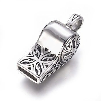 304 Stainless Steel Pendants, Whistle, Antique Silver, 41x19x17mm, Hole: 7x6mm