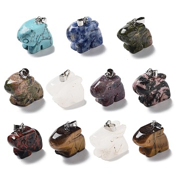 Natural & Synthetic Mixed Gemstone Pendants, Rabbit Charms with Platinum Plated Metal Snap on Bails, Mixed Dyed and Undyed, 19~19.5x20~21x10mm, Hole: 3x5.5mm