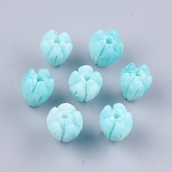 Synthetic Coral Beads, Dyed, Flower Bud, Cyan, 8.5x7mm, Hole: 1mm