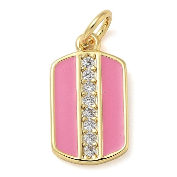 Rack Plating Brass Micro Pave Cubic Zirconia Pendants, with Enamel, Long-Lasting Plated, Lead Free & Cadmium Free, Rectangle Charms, with Jump Ring, Pink, 15x8.5x1.5mm, Hole: 3mm