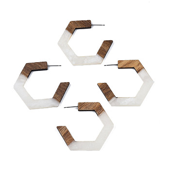 Hexagon Half Hoop Earrings for Women, Two Tone Resin & Walnut Wood Open Hoop Earrings, Stud Earrings with 304 Stainless Steel Pin, Creamy White, 42x48mm, Pin: 0.7mm