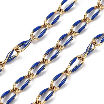304 Stainless Steel Handmade Beaded Chain, with Enamel, with Spool, Soldered, Real 18K Gold Plated, Oval, Royal Blue, 9x4x1mm, about 16.40 Feet(5m)/Roll