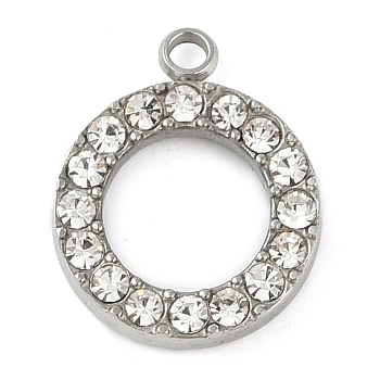 304 Stainless Steel Rhinestone Pendants, Ring, Stainless Steel Color, 16x13x3mm, Hole: 2mm