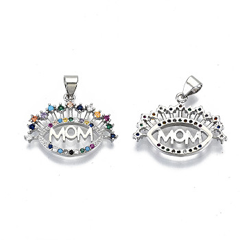 Brass Micro Pave Colorful Cubic Zirconia Pendants, with Snap on Bails, for Mother's Day, Cadmium Free & Nickel Free & Lead Free, Eye with Word Mom, Real Platinum Plated, 17x23x2.5mm, Hole: 5x3mm