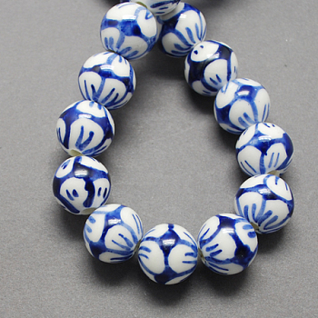 Handmade Porcelain Beads, Blue and White Porcelain, Round, Blue, 10mm, Hole: 3mm