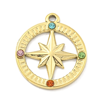 PVD Vacuum Plating 304 Stainless Steel Pendants, with Colorful Rhinestone, Ring with Star Charms, Real 18K Gold Plated, 20.5x18x2mm, Hole: 1.2x1.8mm