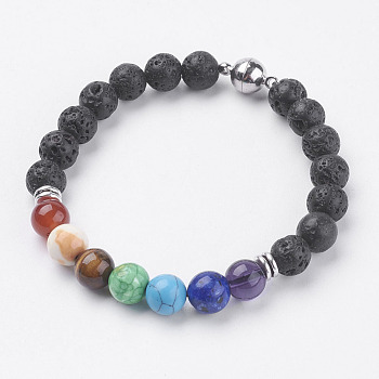Natural Lava Rock Beads Stretch Bracelets, with Synthetic & Natural Mixed Stone, Magnetic Clasp and Alloy Findings, 7-5/8 inch(195mm)